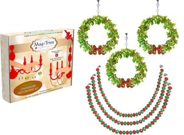 HOLIDAY CHANDELIER MAKEOVER KIT - (3) Bow Wreath + (3) 12" Red/Green Bead Crystal Garland picture