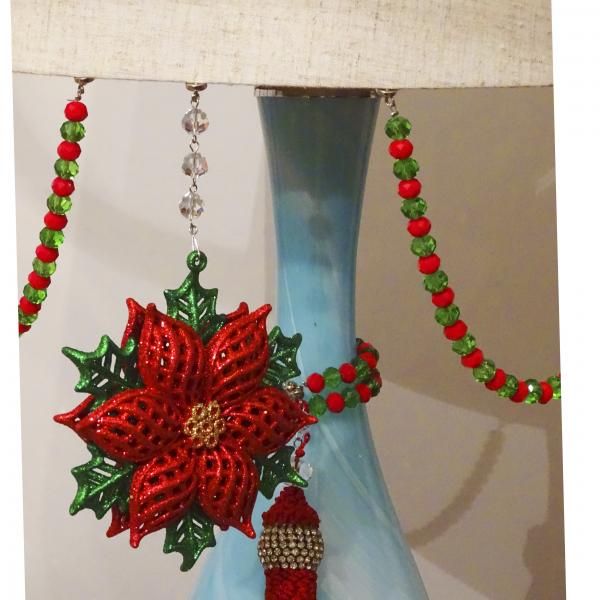 HOLIDAY CHANDELIER MAKEOVER KIT - (3) Glitter Poinsettia + (3) 12" Red/Green Bead Crystal Garland picture