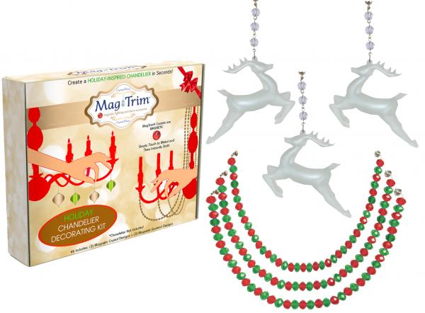 HOLIDAY CHANDELIER MAKEOVER KIT - (3) Glass Reindeer + (3) 12" Red/Green Crystal Garland picture