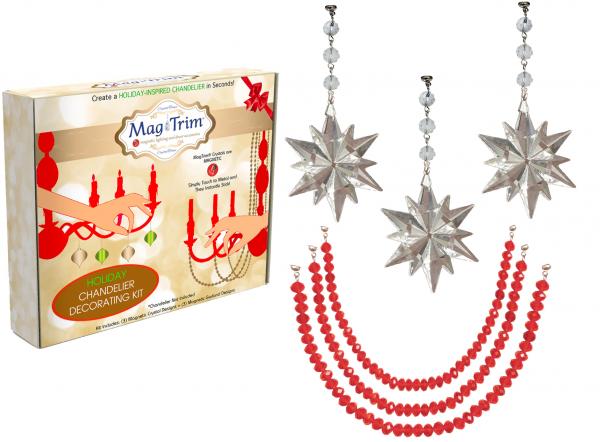 HOLIDAY CHANDELIER MAKEOVER KIT - (3) Crystal Star + (3) 12" Red Crystal Garland