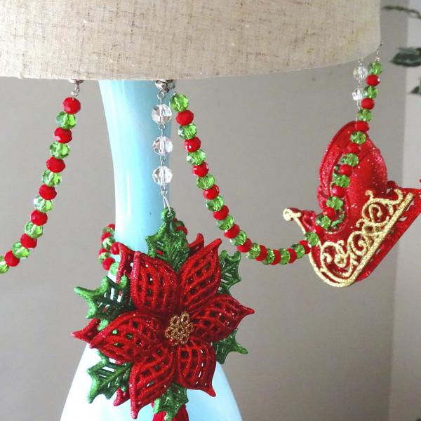 HOLIDAY CHANDELIER MAKEOVER KIT - (3) Glitter Poinsettia + (3) 12" Red/Green Bead Crystal Garland picture
