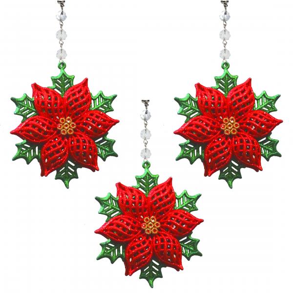 GLITTER POINSETTIA ORNAMENT (Box of 3) MAGNETIC ORNAMENT - Magnetic Chandelier Accessory TrimKit¬Æ picture