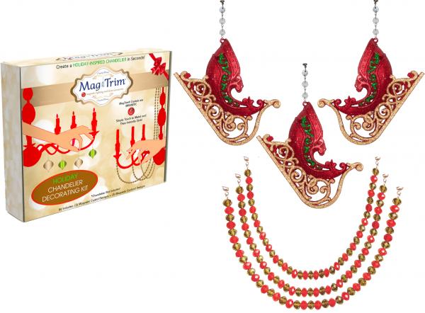 HOLIDAY CHANDELIER MAKEOVER KIT - (3) Red/Gold Sleigh + (3) 12" Red/Gold Garland