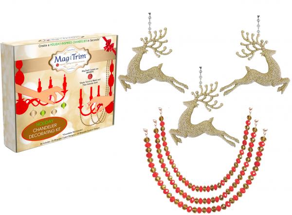 HOLIDAY CHANDELIER MAKEOVER KIT - (3) Champagne Glitter Reindeer + (3) 12" Red/Gold Garland