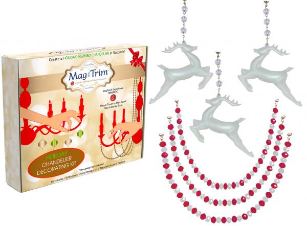 HOLIDAY CHANDELIER MAKEOVER KIT - (3) Glass Reindeer + (3) 12" Red/White Crystal Garland