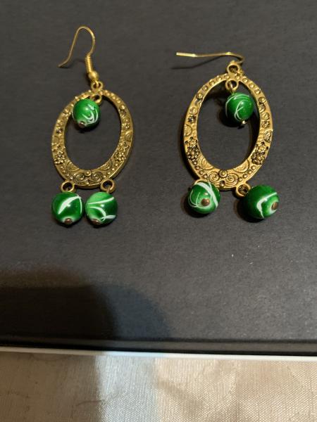 Pierced Earrings - Brass Ovals and Green patterned Beads