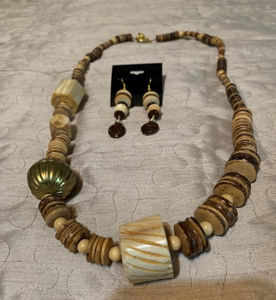 Wood, Brass and Bone Jewelry set with Pierced Earrings picture