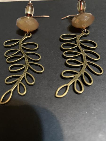 Pierced Earrings - Large Open leaf and Semiprecious Bead
