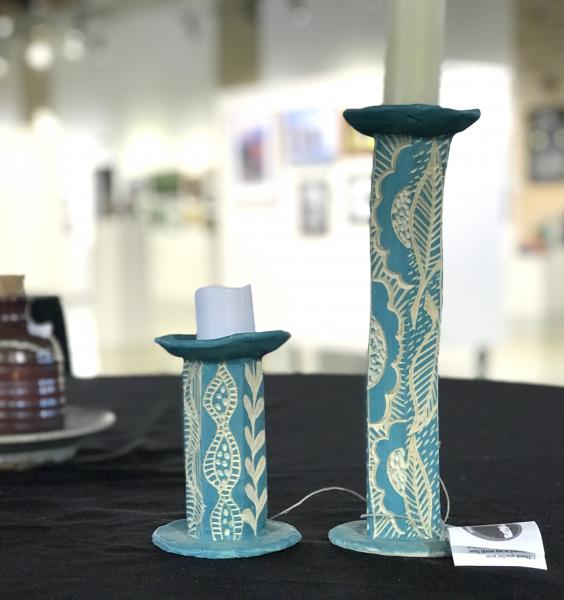 Sgraffito Carved Stoneware Candlesticks picture