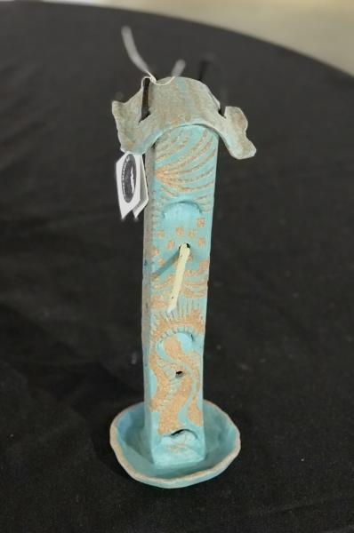 Sgraffito Carved Turquoise & Temmoku Skinny Bird Feeder picture