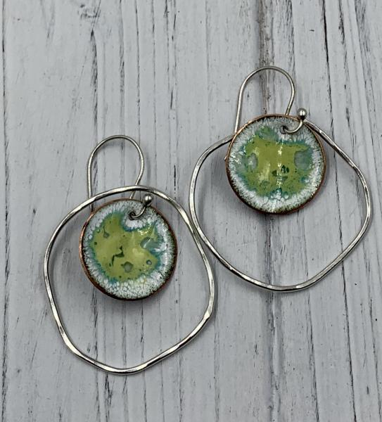 Two tone green enamel in orbit earrings