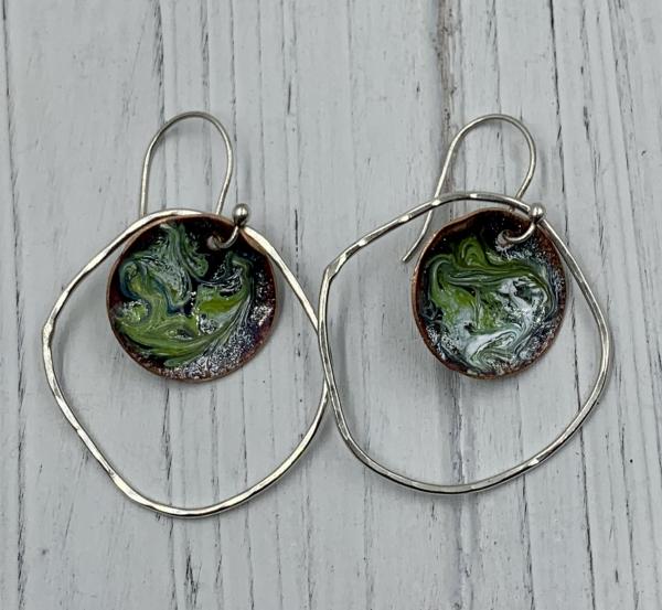 Green and white enamel in orbit earrings picture