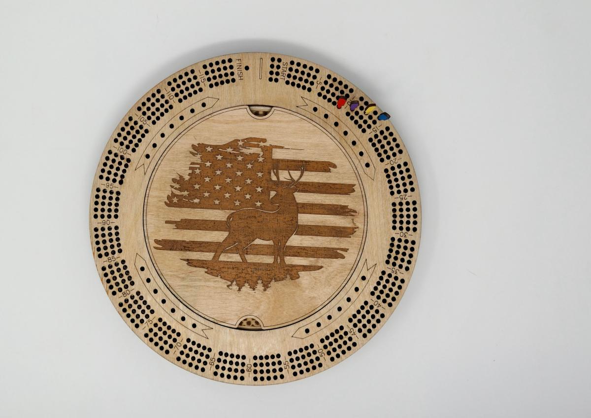 Deer with Flag Custom Cribbage Board With Name, Cribbage Board Pegs, Engraved Hunting Flag Cribbage Board With Storage picture