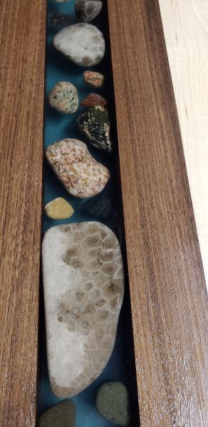 Walnut/Purpleheart/Maple live edge Charcuterie Board w/Michigan Great Lakes beach rocks epoxy inlay picture