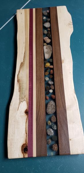 Walnut/Purpleheart/Maple live edge Charcuterie Board w/Michigan Great Lakes beach rocks epoxy inlay picture