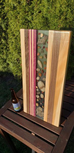 Cherry/Purpleheart/Maple/Walnut epoxy river Michigan Petoskey charcuterie serving platter picture