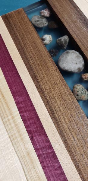 Walnut/Purpleheart/Maple live edge Charcuterie Board w/Michigan Great Lakes beach rocks epoxy inlay picture