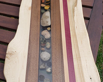 Walnut/Purpleheart/Maple live edge Charcuterie Board w/Michigan Great Lakes beach rocks epoxy inlay picture