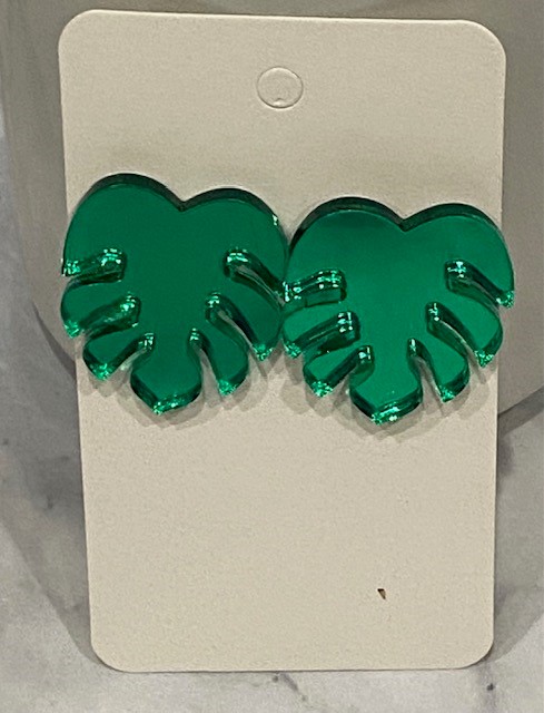 Green Mirror Acrylic Monstera Palm Earrings