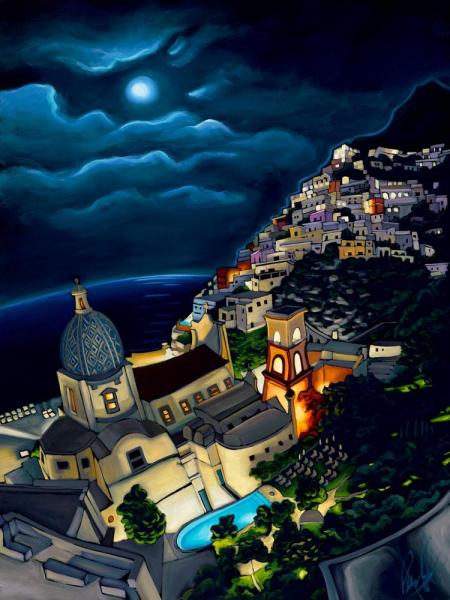 Positano at Night Framed Metal Giclee