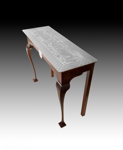 Mahogany Table with Acid Etched Metal Top and Medallion picture