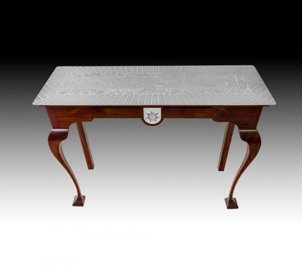 Mahogany Table with Acid Etched Metal Top and Medallion picture