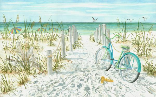 Bicycle on the Beach, framed canvas print picture