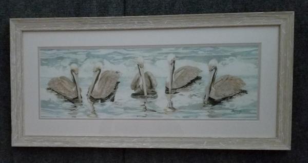 Brown Pelicans, small framed print on water color paper