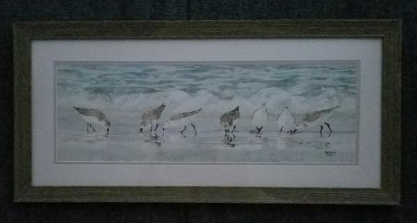 Sandpipers on the Beach framed on watercolor paper