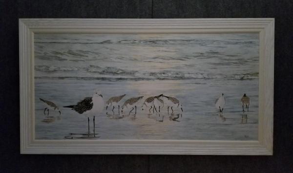 Sea Gull with sandpipers, lg. canvas framed print picture