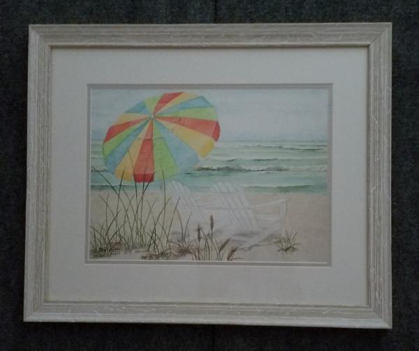 Umbrella with Beach Chairs framed print