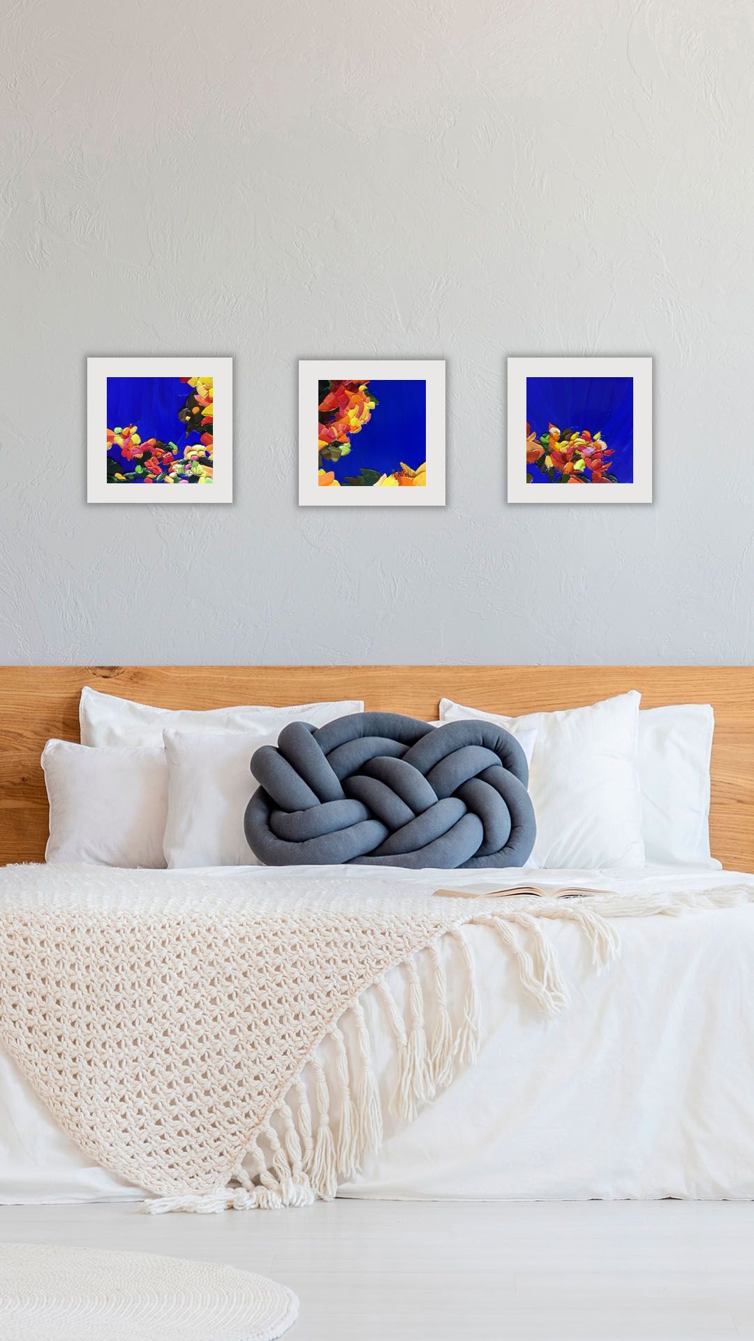 Floral Confetti/Blue Sky Triptych Palette Knife Oil painting picture