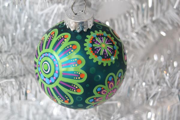 Teal and Lime Green Floral Hand Painted Ornament picture