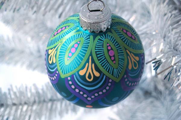 Teal and Lime Mandala Style Glass Ornament picture