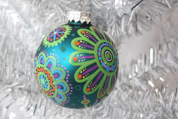 Teal and Lime Green Floral Hand Painted Ornament picture