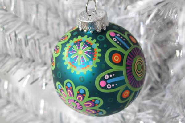 Teal and Lime Green Floral Hand Painted Ornament picture