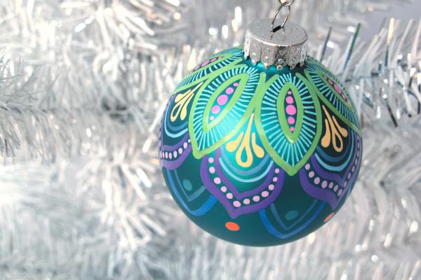 Teal and Lime Mandala Style Glass Ornament picture