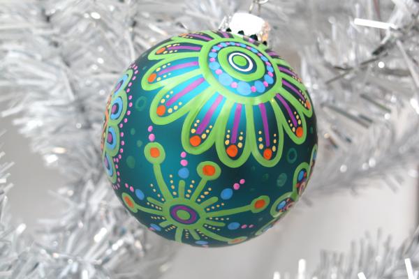 Teal and Lime Green Floral Hand Painted Ornament picture