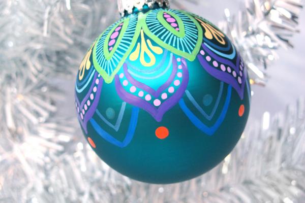 Teal and Lime Mandala Style Glass Ornament picture