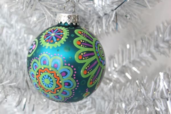 Teal and Lime Green Floral Hand Painted Ornament