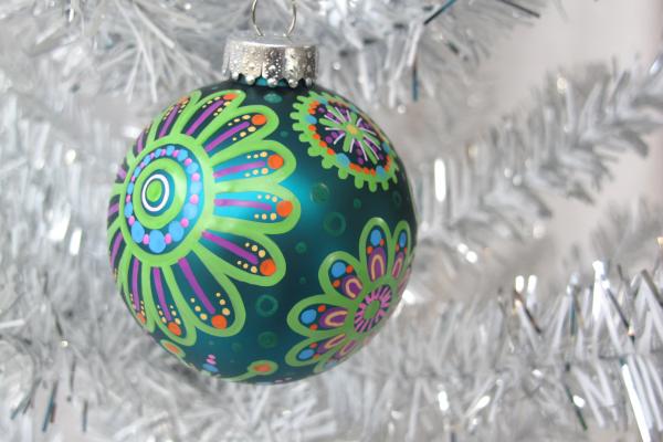 Teal and Lime Green Floral Hand Painted Ornament picture