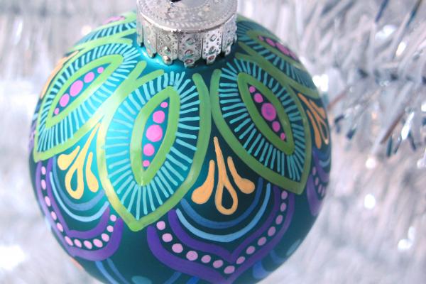 Teal and Lime Mandala Style Glass Ornament picture