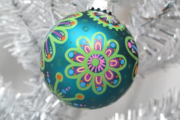 Teal and Lime Green Floral Hand Painted Ornament picture