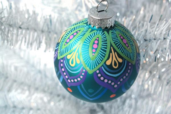 Teal and Lime Mandala Style Glass Ornament picture