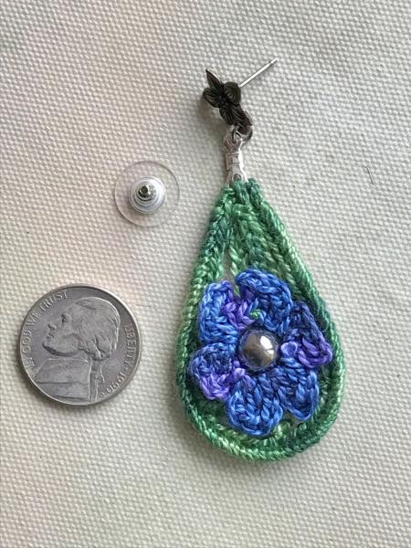Blue Purple Green Crochet Tear Drop Flower Pierced Earrings - Antique Silver Flower Posts - One of a Kind - Nickel Free picture