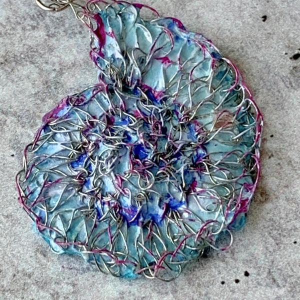 Swirl Spiral Ammonite Pendant Necklace - Multi Strand - Blue Purple Silver - Mixed Media - Crochet Glass Beads Paper Wire - One of a Kind picture