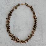 Brown Gold Copper Bronze Topaz Mixed Media Beaded Chain Necklace - Crocheted Fiber, Metal Chain, Glass Beads - OOAK