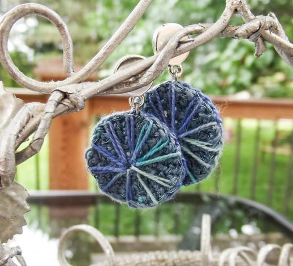 Tone on Tone Crochet Embroidered Spiral/Starburst Drop Earrings in Blues and Greens - One of a Kind picture