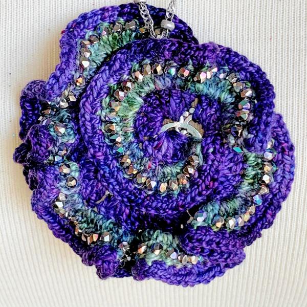 Curly Girl Spiral Swirl Pendant Necklace - Mixed Media - Metal Fiber Glass - Purple, Green, Silver, Iridescent Metallic Beads - Crochet - OOAK picture
