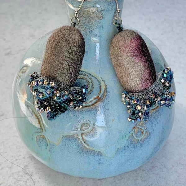 Renoir Dancers Mixed Media Earrings - Silk Cocoons, Tulle, Glass Beads - Hand-Dyed Thread - Charcoal Gray, Violet, Blues, Iridescent Metallics picture